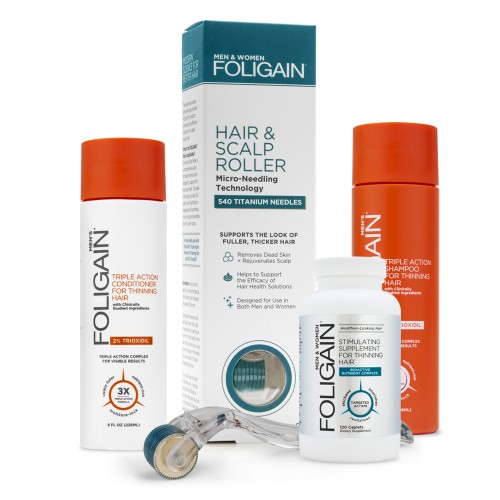 Foligain Men's Bundle - oheneva hiusyhdistelmäpakkaus miehille - luonnollisella shampoolla ja hoitoaineella - sisältää laitteen ja täydennysosan
