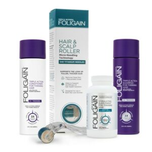 Foligain Women's Bundle - Hoitava hiusyhdistelmäpakkaus naisille - Sisältää luonnollista shampoota ja hoitoaineita - Sisältää laitteen ja